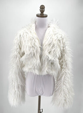 J. Valentine White Shaggy Faux Fur Rave Festival Hooded Cropped Jacket Sz M/L